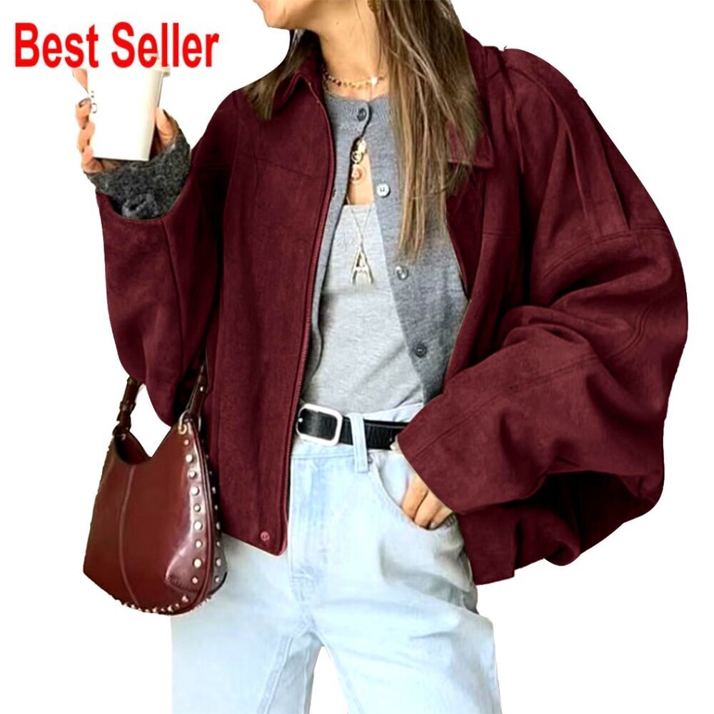 Faux Suede Bomber Jacket Oversized Lapel Zipper Casual Outerwear